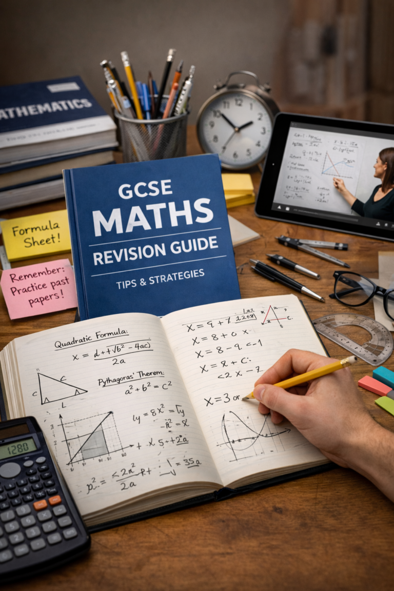 A picture of someone revising. You can see their hand holding a pen, and a book that says GCSE Maths Revision tips.